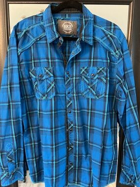 BKE Blue Plaid Snap-Front Western Shirt